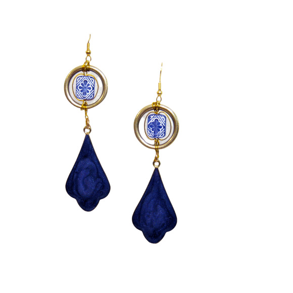 Purple Gold Enameled metal Vintage Bead accent Drop Earrings  3 inch long - Picture 6 of 9